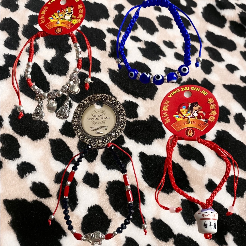 Set of 4 Bracelets 📿 Buddha, Elephant, Evil Eye, Lucky Cat - Picture 2 of 5